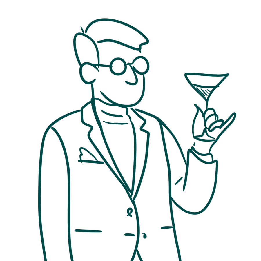 Illustration of Justin Wheatley entertaining during a cocktail hour