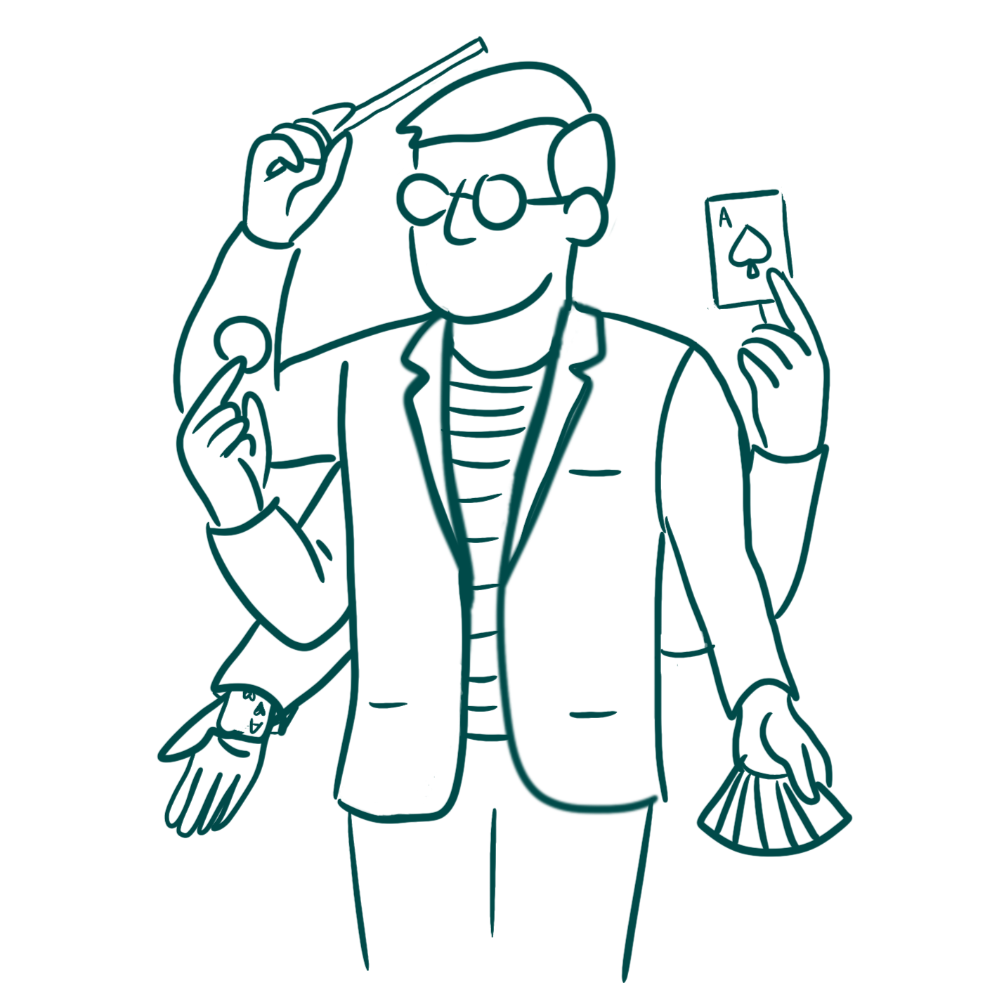 Figurative illustration of Justin Wheatley with many arms performing multiple kinds of magic